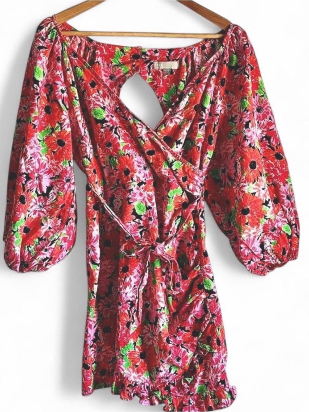 ASOS Cotton Poplin Wrap Mini Dress with Puff Sleeves in Bright Floral Print